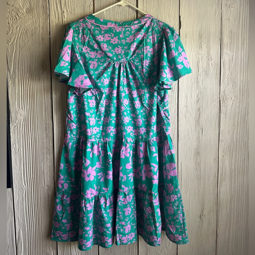 Umgee Green & Pink Floral Ruffle Dress Size Large - Picture 5 of 5